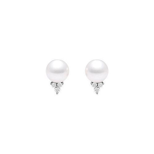 Cultured Akoya Pearl and Diamond Earrings : 14K White Gold - 0.10 CT Diamonds-JewelryKorner-com