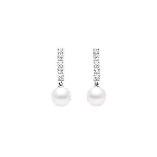 Cultured Akoya Pearl and Diamond Earrings : 14K White Gold - 0.25 CT Diamonds-JewelryKorner-com