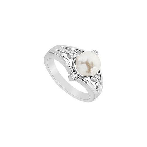 Cultured White Akoya Pearl and Diamond Ring : 14K White Gold - 0.15 CT Diamonds-JewelryKorner-com