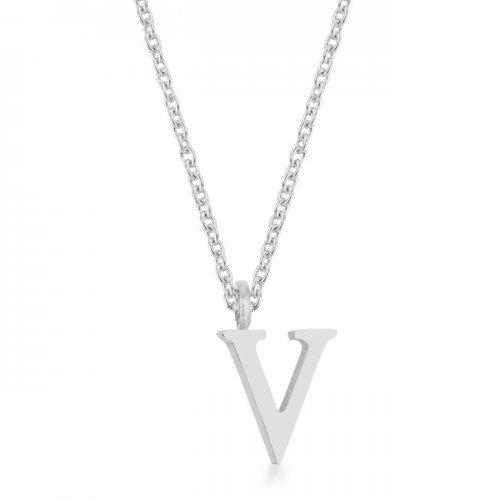 Elaina Rhodium Stainless Steel V Initial Necklace (pack of 1 ea)-JewelryKorner-com