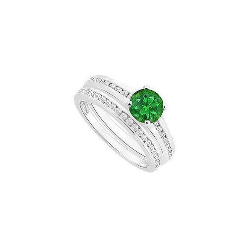 Emerald and Diamond Engagement Ring with Wedding Band Set : 14K White Gold - 0.75 CT TGW-JewelryKorner-com
