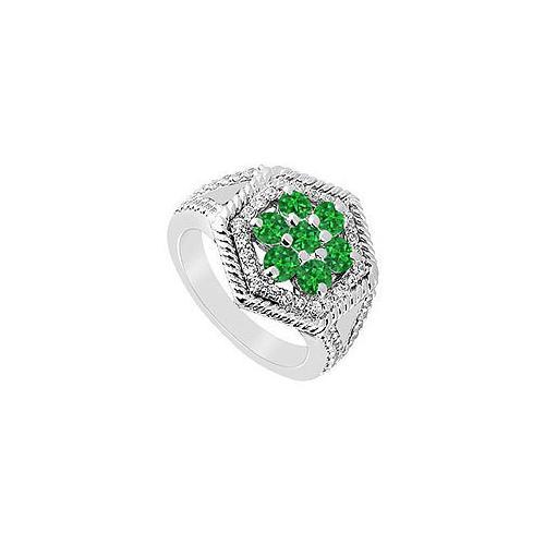 Emerald and Diamond Flower Ring : 14K White Gold - 1.50 CT TGW-JewelryKorner-com