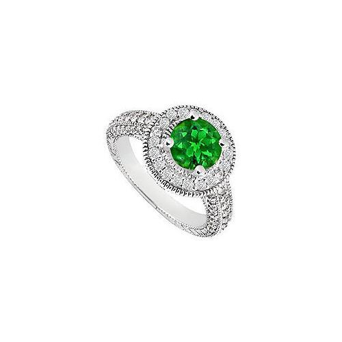 Emerald and Diamond Halo Engagement Ring : 14K White Gold 1.30 CT TGW-JewelryKorner-com