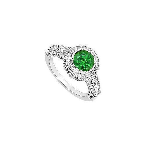 Emerald and Diamond Halo Engagement Ring : 14K White Gold - 1.75 CT TGW-JewelryKorner-com