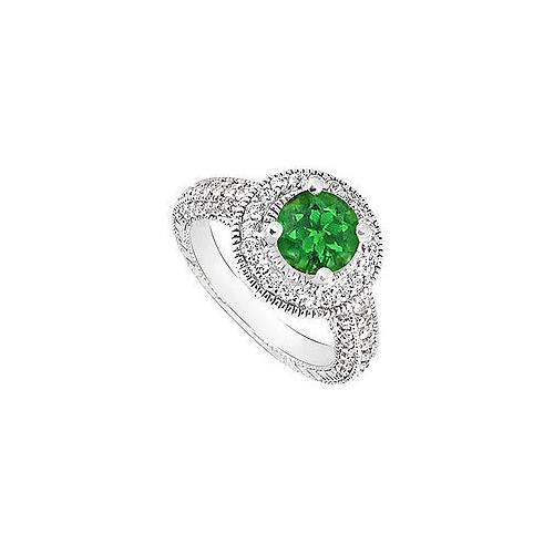 Emerald and Diamond Halo Engagement Ring : 14K White Gold - 1.75 CT TGW-JewelryKorner-com