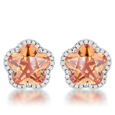 Floral Cut Champagne CZ Stud Earrings-JewelryKorner-com