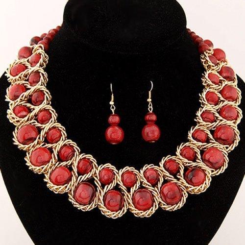 Glamourous Women's Solid Color Beads Embellished Necklace and A Pair of Earrings - Red-JewelryKorner-com