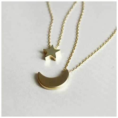 Golden Moon and Star Charms on a Layered Chain Necklace-JewelryKorner-com