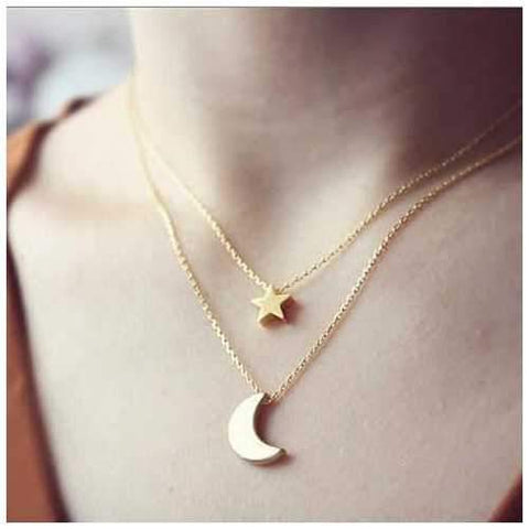 Golden Moon and Star Charms on a Layered Chain Necklace-JewelryKorner-com