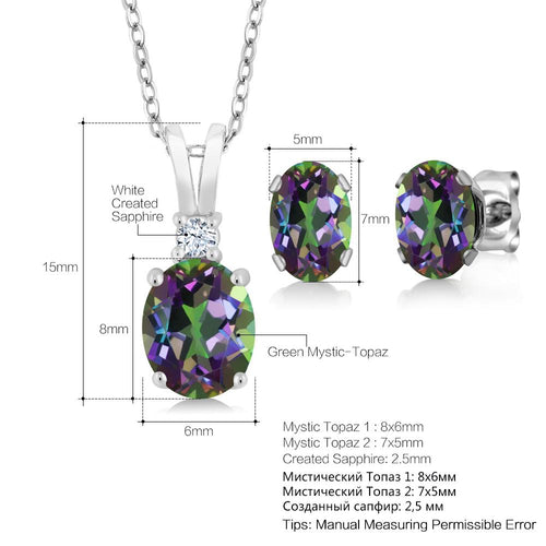 GemStoneKing 3.55 Ct Oval Rainbow Fire Mystic Topaz Pendant Necklace Earrings Set 925 Sterling Silver Jewelry Sets For Women-JewelryKorner