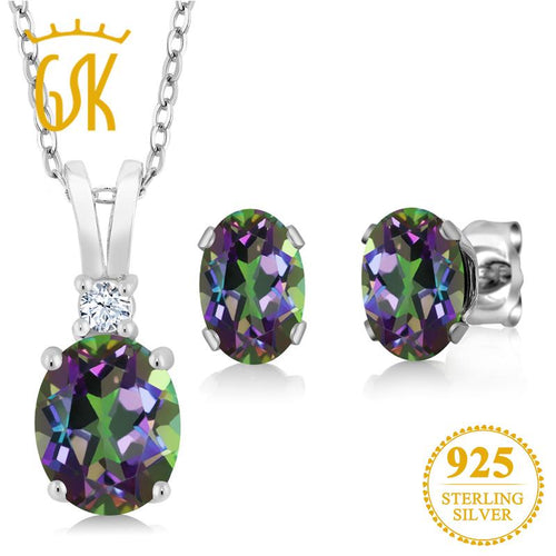 GemStoneKing 3.55 Ct Oval Rainbow Fire Mystic Topaz Pendant Necklace Earrings Set 925 Sterling Silver Jewelry Sets For Women-JewelryKorner