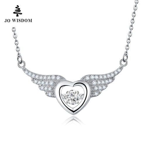 JO WISDOM Silver Fine Jewelry Necklaces Silver Chain with Dancing Natural Topaz Love Angel Wings Pendant Kolye Colar Feminino-JewelryKorner