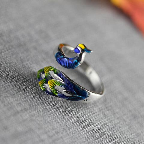 KJJEAXCMY boutique jewelry, 999 Full silver retro rich Chinese style lady burn blue Seiko peacock ring-JewelryKorner