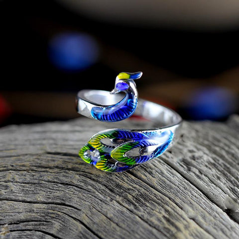 KJJEAXCMY boutique jewelry, 999 Full silver retro rich Chinese style lady burn blue Seiko peacock ring-JewelryKorner