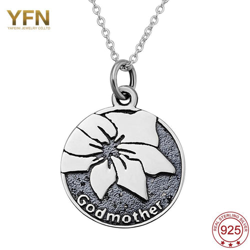 Retro Style Godmother Necklace Genuine 925 Sterling Silver Round Pendant Necklace with Flower Pattern Women Jewelry 18" GNX8761-JewelryKorner