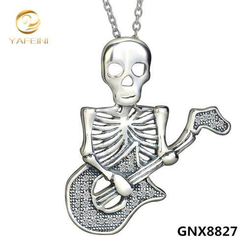 Top Quality 925 Sterling Silver Punk Necklace Womens Mens Jewelry Silver Pendants Necklaces with Skull Guitar Charms GNX8827-B-JewelryKorner