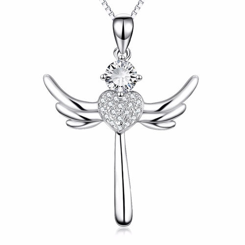 YAFEINI 925 Sterling Silver Cross Pendant Angel With Wings Crystal Heart Pendants Necklaces New Style Jewelry For Women PYX0158-JewelryKorner