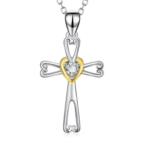 YAFEINI 925 Sterling Silver Cross Pendants Necklaces Love Heart Crystal Jewelry Necklace For Women PYX0312-JewelryKorner