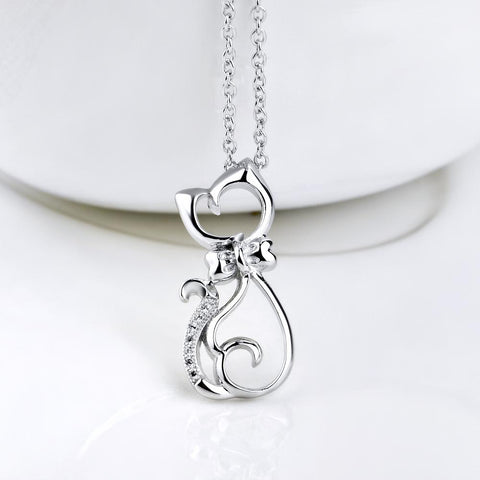 YAFEINI 925 Sterling Silver Fine Jewelry Crystal Bowknot Cat Pendants Necklaces For Women Wholesale Necklace GNX0451-JewelryKorner