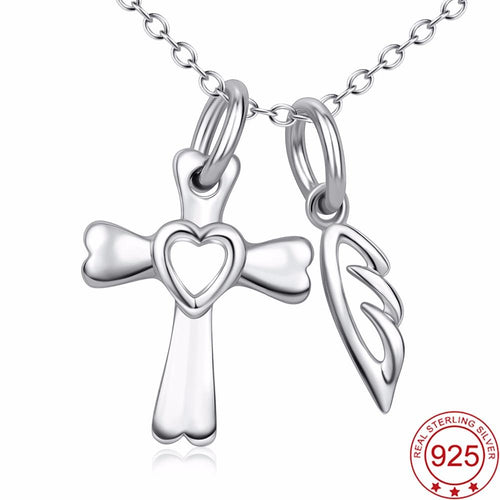 YAFEINI 925 Sterling Silver Love Heart Cross Bone Wing Pendant Necklace Fashion Jewelry For Women PYX0231-JewelryKorner