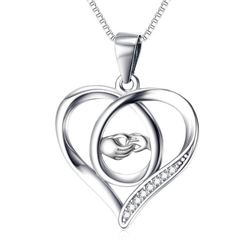 YAFEINI 925 Sterling Silver Love Heart Mom And Child Mother Love Hand In Hand Pendants Necklaces Jewelry For Women GNX10320-B-JewelryKorner