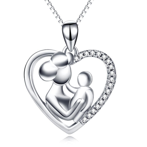 YAFEINI 925 Sterling Silver Love Heart Mom And Child Mother Love Pendant Necklace New Style Jewelry For Women-JewelryKorner