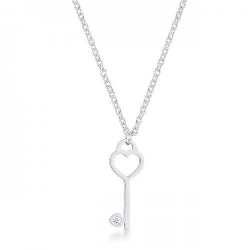 Kina 0.015ct Cz Rhodium Stainless Steel Key Drop Necklace (pack of 1 ea)-JewelryKorner-com