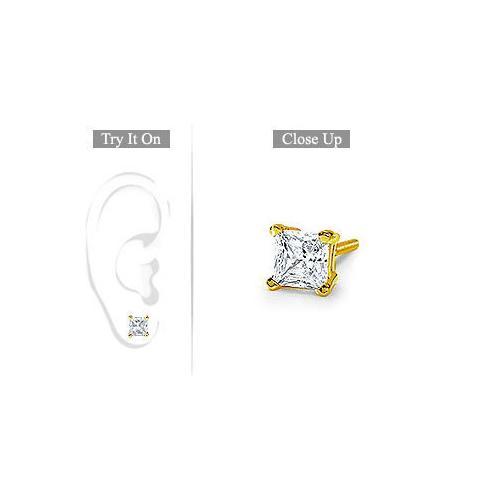 Mens 14K Yellow Gold : Princess Cut Diamond Stud Earring - 1.00 CT. TW.-JewelryKorner-com