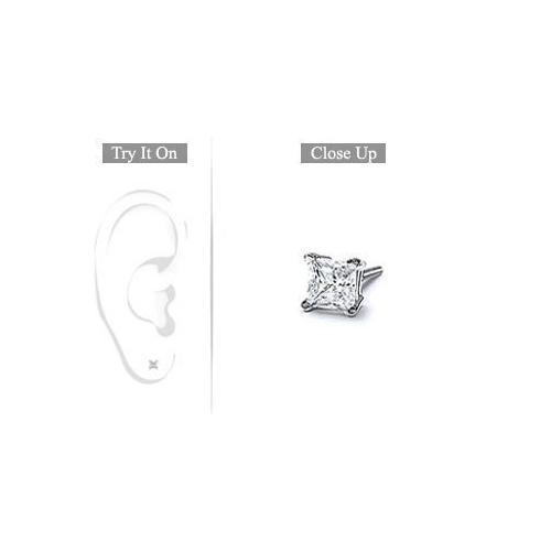 Mens 18K White Gold : Princess Cut Diamond Stud Earring 0.15 CT. TW.-JewelryKorner-com