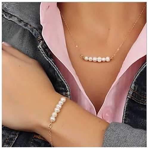 Miss Lovely Pearls Bar Necklace And Bracelet Set-JewelryKorner-com