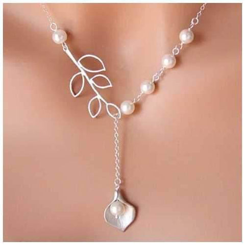 Pearly Lily Lariat Necklace in Sterling Silver and Real Pearl-JewelryKorner-com