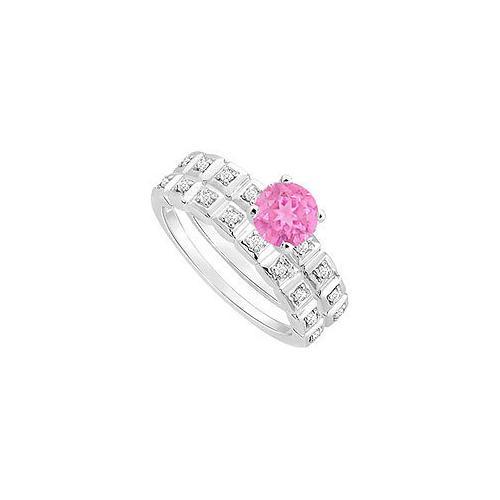 Pink Sapphire and Diamond Engagement Ring with Wedding Band Set : 14K White Gold - 0.50 CT TGW-JewelryKorner-com