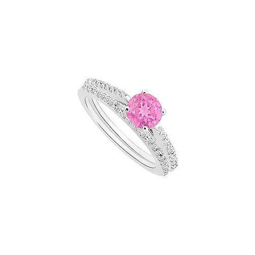 Pink Sapphire and Diamond Engagement Ring with Wedding Band Set : 14K White Gold - 0.75 CT TGW-JewelryKorner-com
