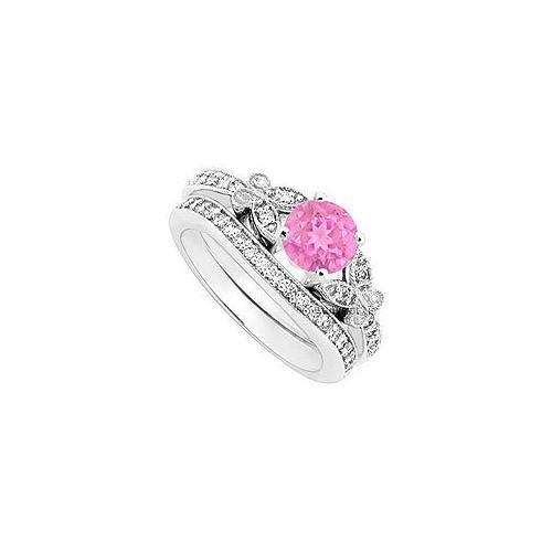 Pink Sapphire and Diamond Engagement Ring with Wedding Band Set : 14K White Gold - 1.00 CT TGW-JewelryKorner-com