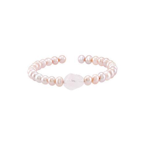 Rose Quartz & Cultured Freshwater Pearl Cuff 7.5 Inch Bracelet - .925 Sterling Silver-JewelryKorner-com