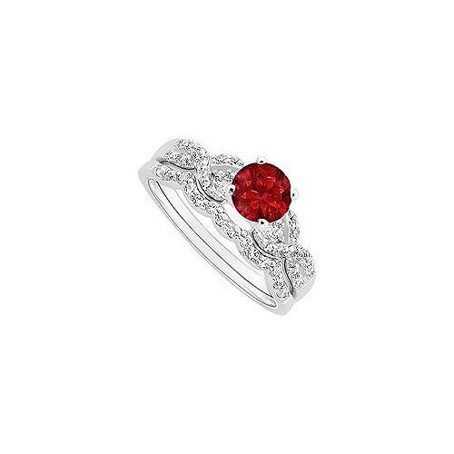 Ruby and Diamond Engagement Ring with Wedding Band Set : 14K White Gold - 0.90 CT TGW-JewelryKorner-com