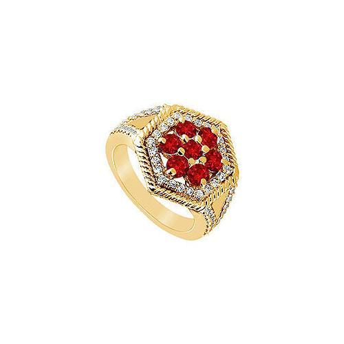 Ruby and Diamond Flower Ring : 14K Yellow Gold - 1.50 CT TGW-JewelryKorner-com