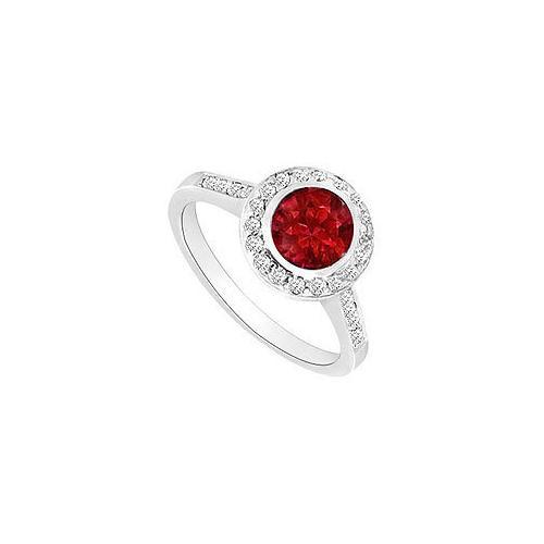Ruby and Diamond Halo Engagement Ring : 14K White Gold - 1.50 CT TGW-JewelryKorner-com