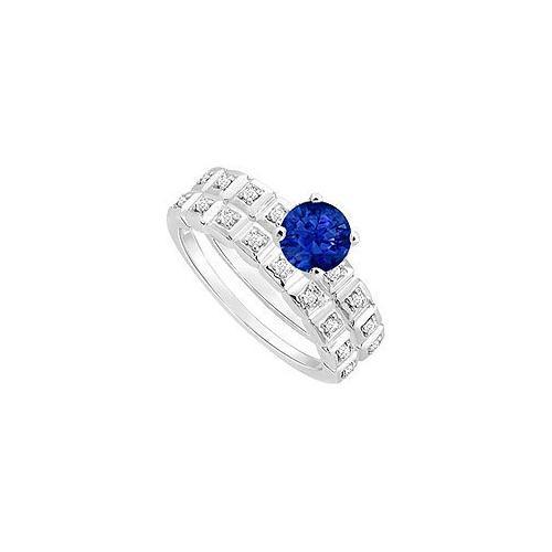 Sapphire and Diamond Engagement Ring with Wedding Band Set : 14K White Gold - 0.50 CT TGW-JewelryKorner-com