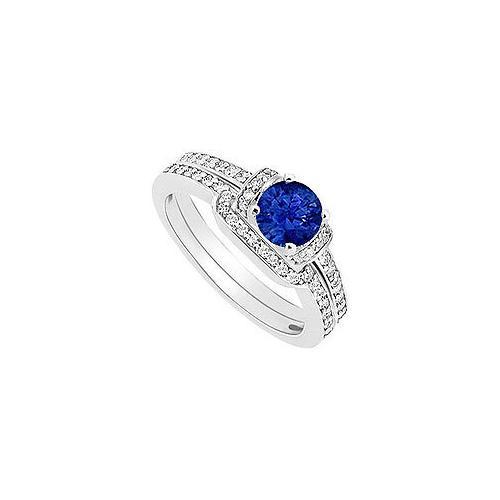 Sapphire and Diamond Engagement Ring with Wedding Band Set : 14K White Gold - 0.60 CT TGW-JewelryKorner-com