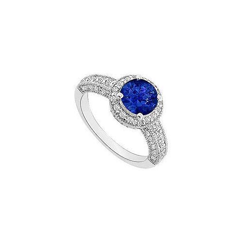 Sapphire and Diamond Halo Engagement Ring : 14K White Gold - 1.55 CT TGW-JewelryKorner-com