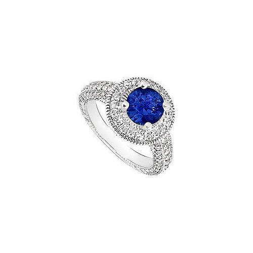Sapphire and Diamond Halo Engagement Ring : 14K White Gold - 2.15 CT TGW-JewelryKorner-com