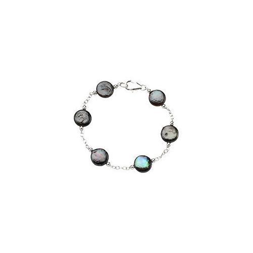 Sterling Silver and Freshwater Cultured Black Coin Pearl Station Bracelet - 7.5 Inch/ 12-13 MM-JewelryKorner-com