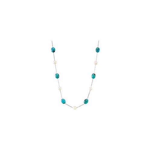 Sterling Silver Freshwater Cultured Pearl & Genuine Turquoise 42" Necklace - 07.50-08.00 MM/12 X-JewelryKorner-com