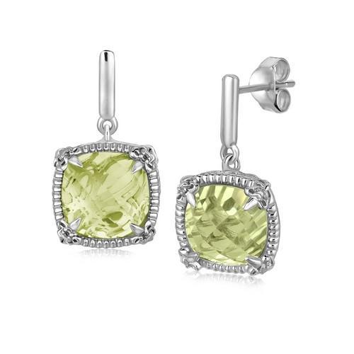 Sterling Silver Green Amethyst and White Sapphires Fleur De Lis Drop Earrings-JewelryKorner-com