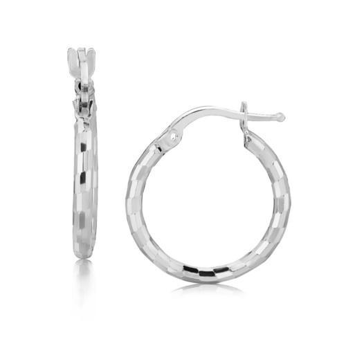 Sterling Silver Rhodium Plated Diamond Cut Small Hoop Earrings (15mm)-JewelryKorner-com