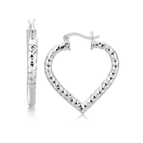 Sterling Silver Rhodium Plated Heart Style Hoop Diamond Cut Earrings-JewelryKorner-com
