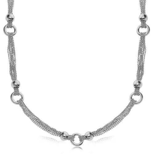 Sterling Silver Rhodium Plated Multi Strand Bead Chain Necklace with Ring Motifs, size 18''-JewelryKorner-com