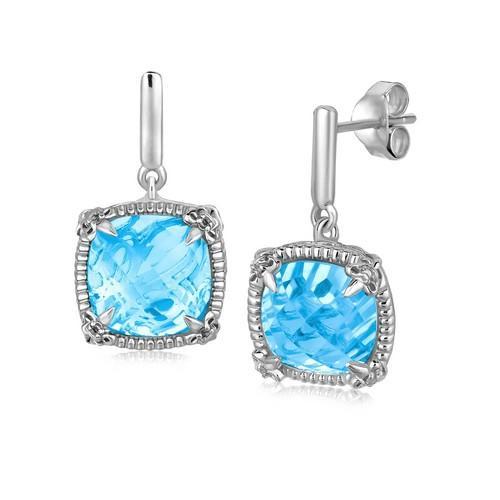 Sterling Silver Sky Blue Topaz and White Sapphires Fleur De Lis Drop Earrings-JewelryKorner-com