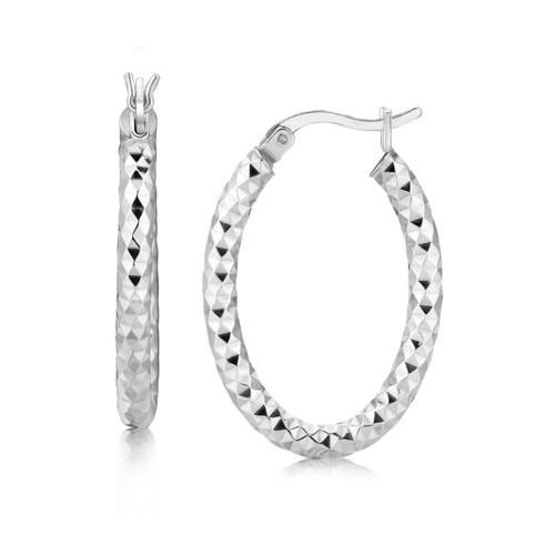 Sterling Silver Thick Oval Motif Hoop Diamond Cut Earrings with Rhodium Plating-JewelryKorner-com